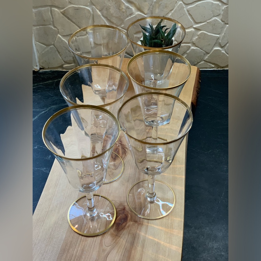 TIFFIN FRANCISCAN | Set of 6 | Vintage Optic Crystal Water Goblets w/ Gold Trim